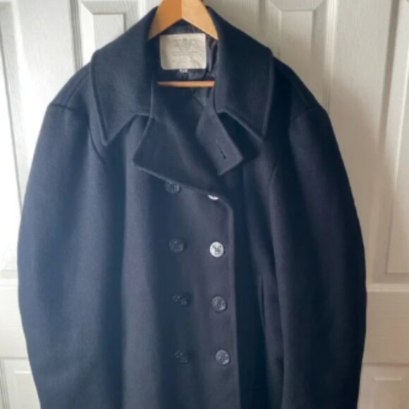 VINTAGE Military Issue Made in USA Navy Blue Wool Double Breasted Pea Coat SZ 50 - Picture 1 of 4